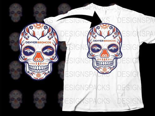 Denver Broncos Sugar Skull T-Shirt, Day of the Dead Inspired Football Tee, Unique Sports Fan Apparel, Graphic Print Shirt