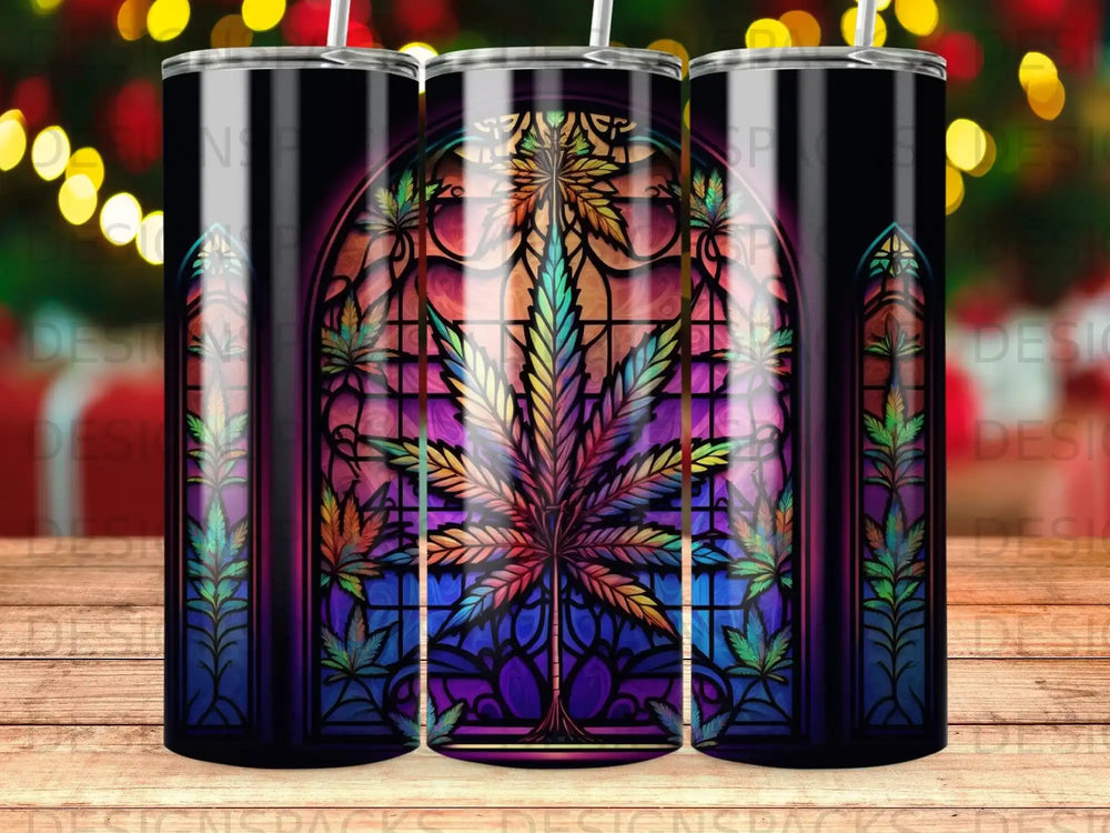 Stained glass art of a cannabis leaf with arched window frames.