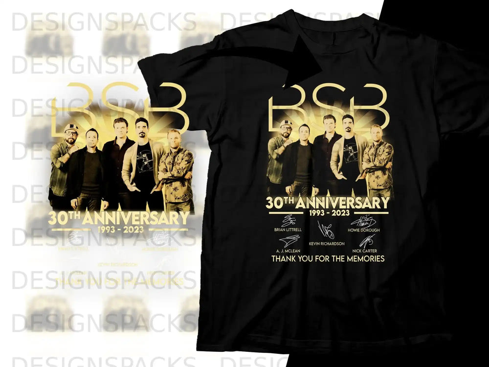 Backstreet Boys 30th Anniversary 1993-2023 t-shirt with group photo and names.