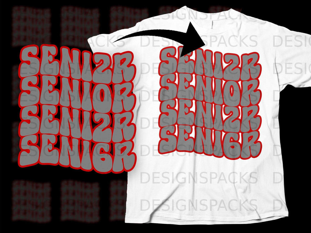 White t-shirt with stacked grey "SENIOR" text with red outlines.