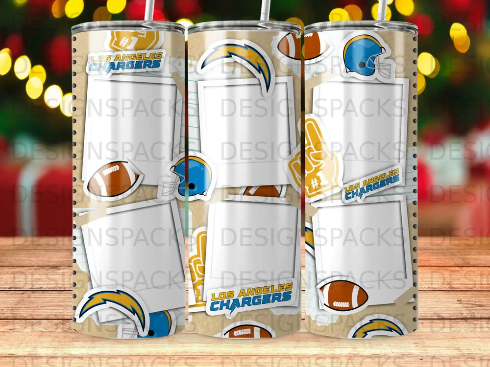 Los Angeles Chargers themed tumbler with football imagery and placeholder photo frames.
