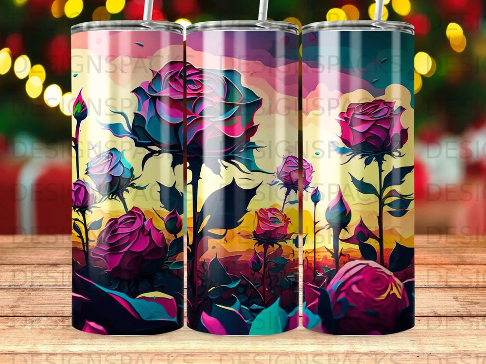 Digital illustration of stylized roses in sunset colors on a tumbler.
