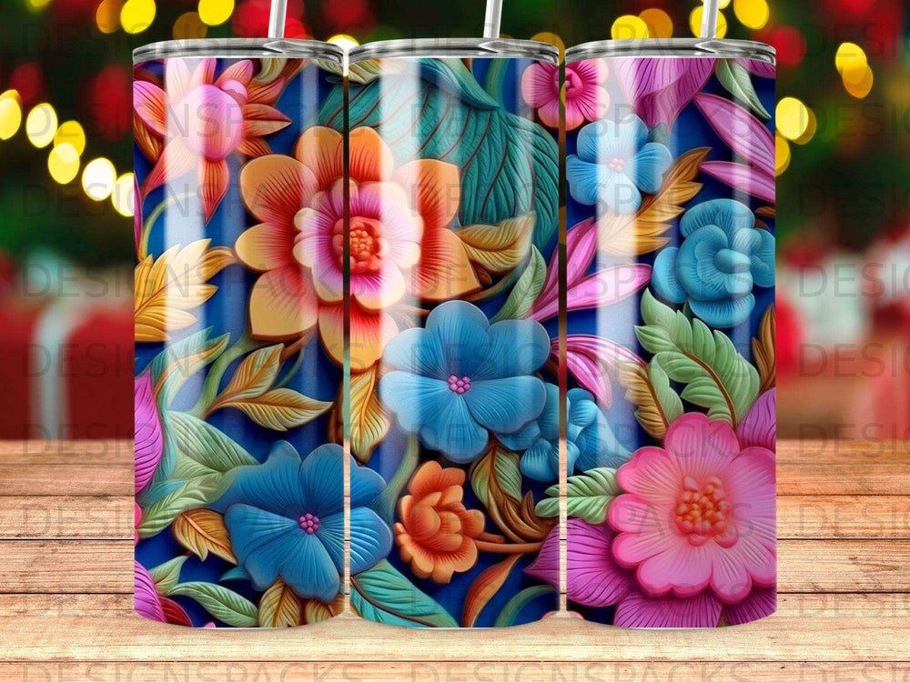 Close-up of colorful, embossed flowers on a blue background.