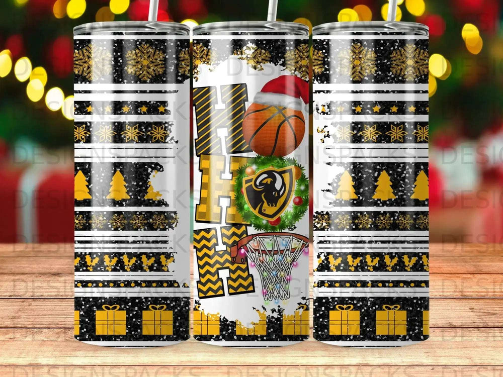 Three tumblers with black, gold, and white Christmas and basketball designs.