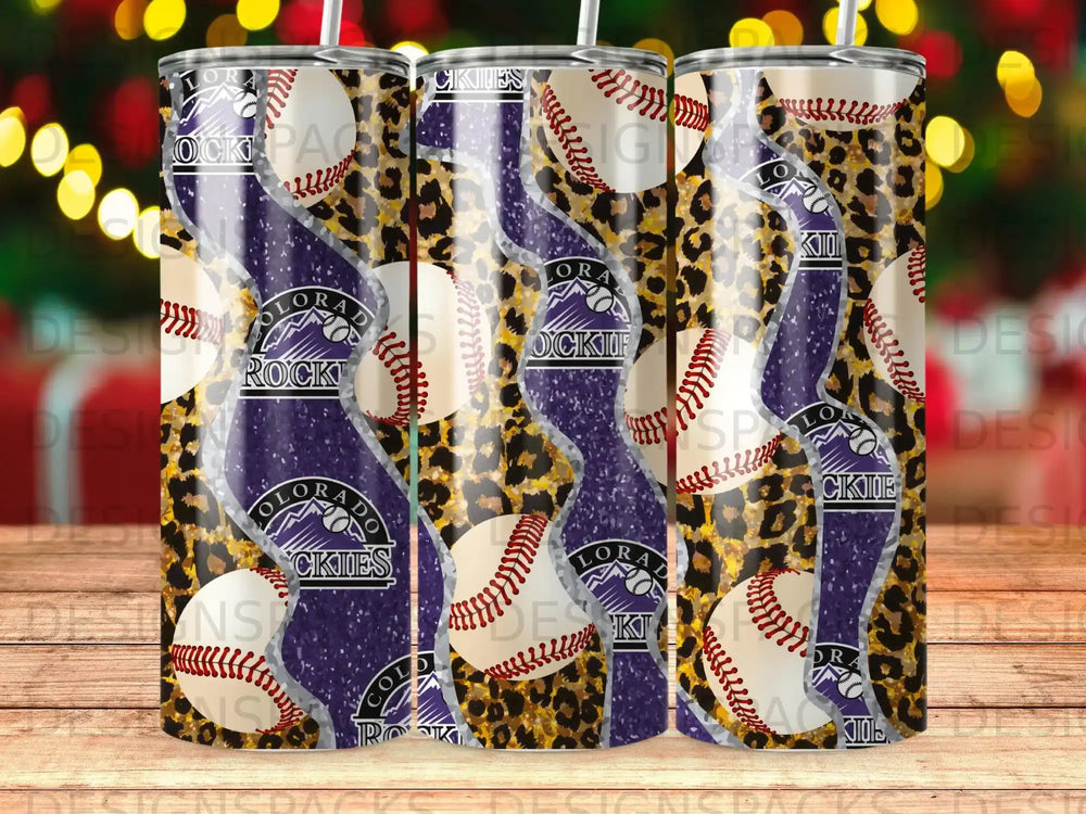 Colorado Rockies baseball tumbler with leopard print and purple wavy design.