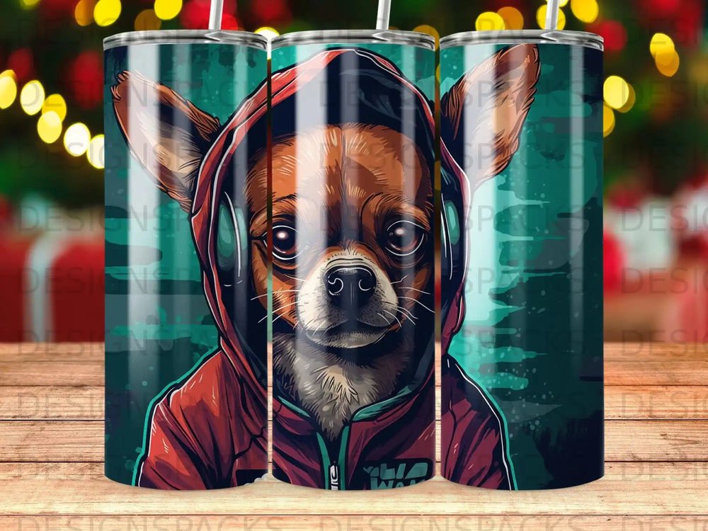 Chihuahua wearing a red hoodie and headphones against a teal abstract background.
