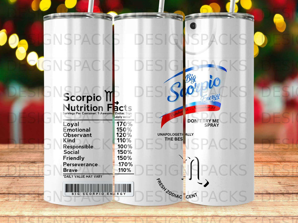Scorpio zodiac sign tumblers with nutrition facts and "Big Energy" text.