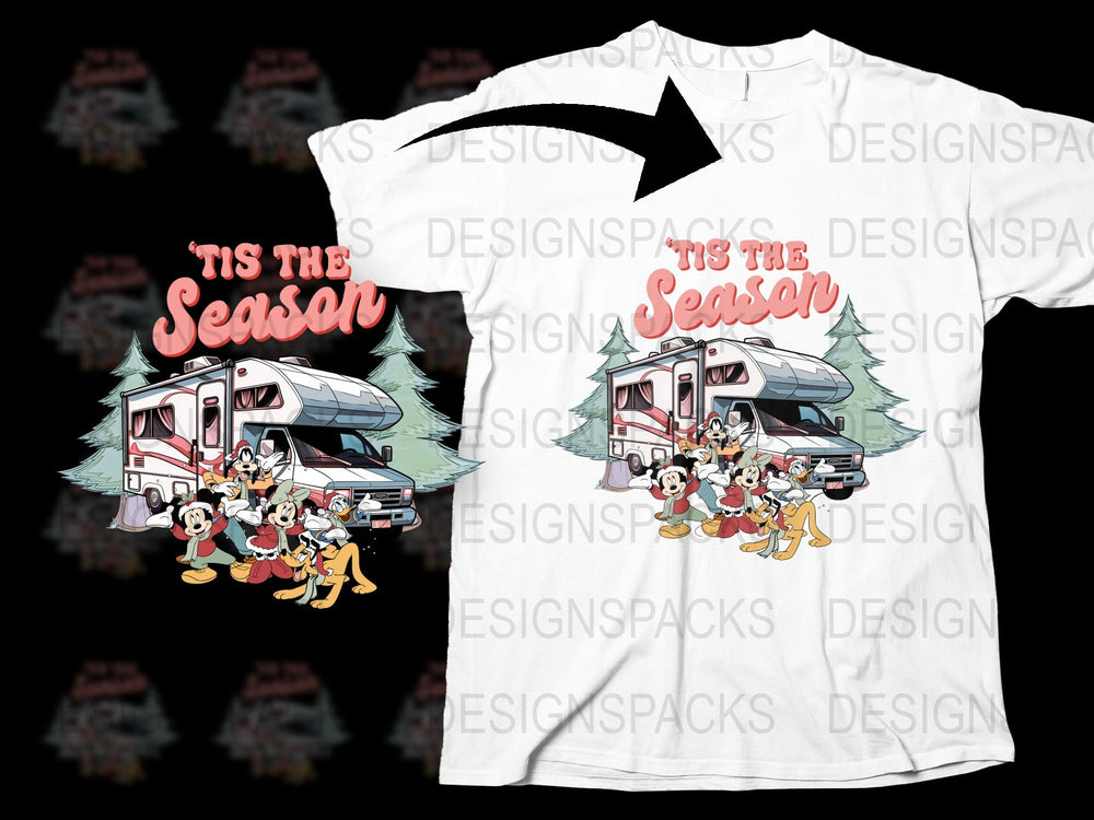Disney Christmas T-Shirt, Mickey Mouse Family Holiday Tee, Vintage Camper, Festive Winter Apparel for All Ages.