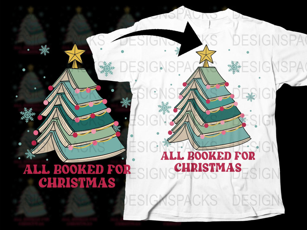 All Booked for Christmas T-Shirt, Festive Holiday Reading Graphic Tee, Colorful Christmas Tree Design, Star Top, Unisex Gift Ideas