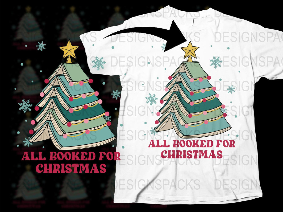 All Booked for Christmas T-Shirt, Festive Holiday Reading Graphic Tee, Colorful Christmas Tree Design, Star Top, Unisex Gift Ideas