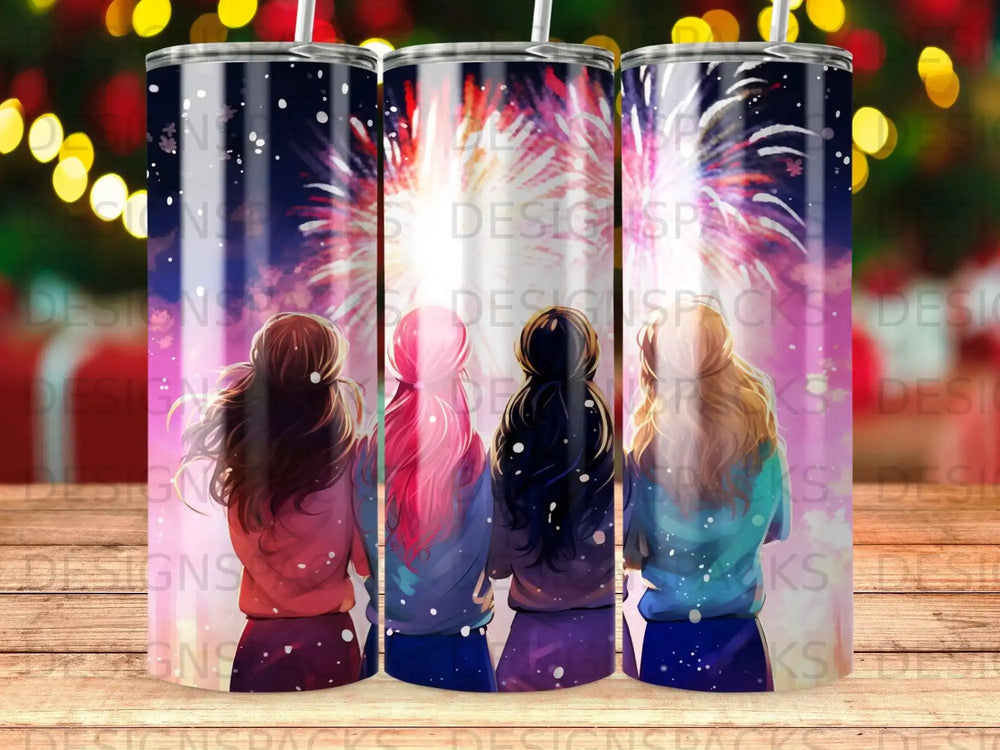 Four friends with colorful hair watch fireworks.