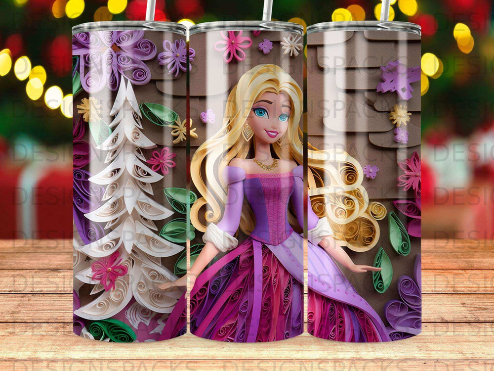 Barbie in a purple dress with a pink and purple flower pattern.