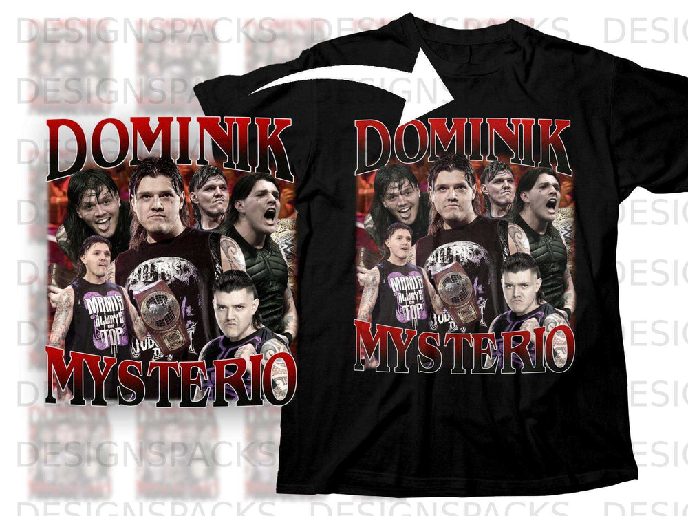 Black t-shirt with Dominik Mysterio collage and wrestling championship belts.