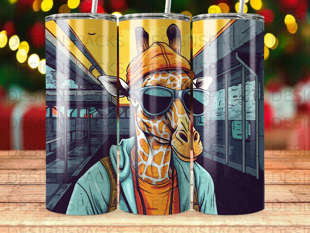 Giraffe wearing sunglasses and hoodie in urban setting, digital art.