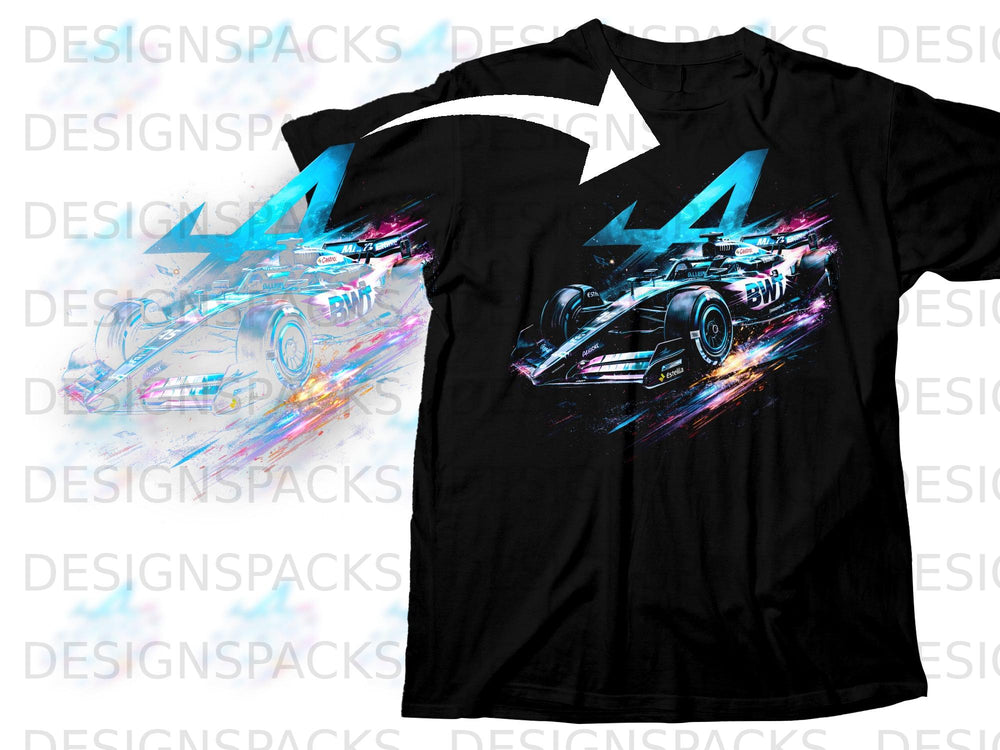 Black t-shirt with a colorful, abstract racing car and blue '4' graphic.