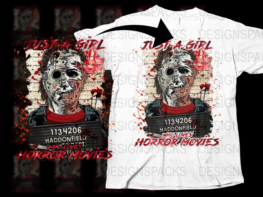 Just a Girl Who Loves Horror Movies T-Shirt, Scary Zombie Design, Unique Halloween Graphic Tee