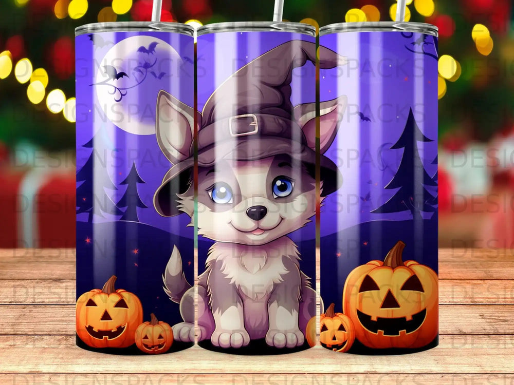 Cartoon wolf cub in witch hat with pumpkins and moon.
