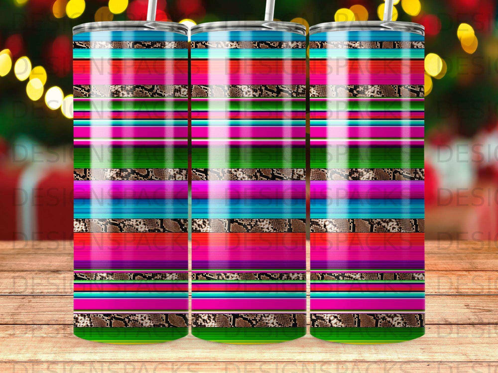 Striped tumbler with snakeskin pattern in pink, green, blue, and yellow.