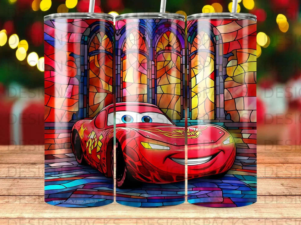 Lightning McQueen from Cars in front of stained glass windows, red car.