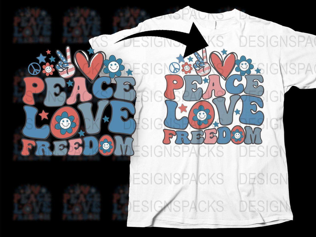 Peace Love Freedom T-Shirt, Graphic Tee, Patriotic Symbols, Floral Details, Casual Wear