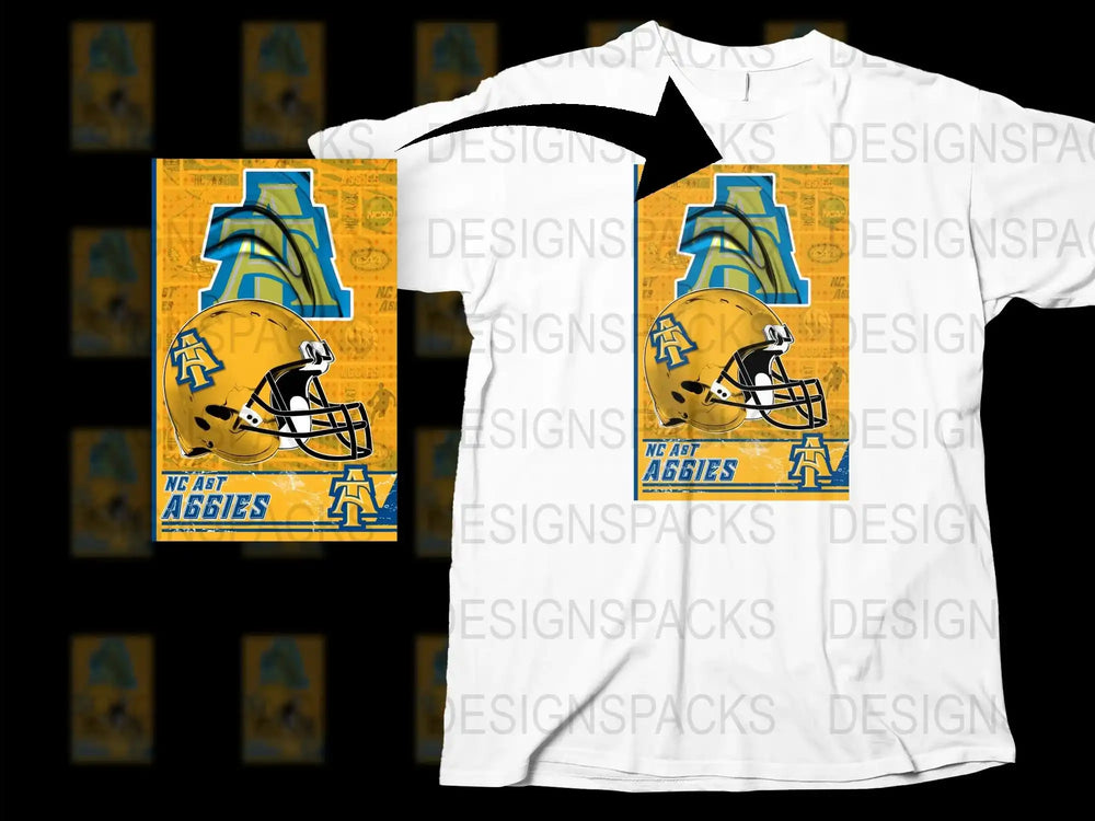 NC AandT Aggies Football Helmet Graphic T-Shirt, College Sports Fan Apparel, Vibrant Yellow and Blue Design, Casual Wear