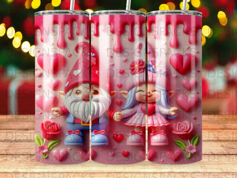 Three Valentine's Day gnomes in festive outfits with hearts and roses.