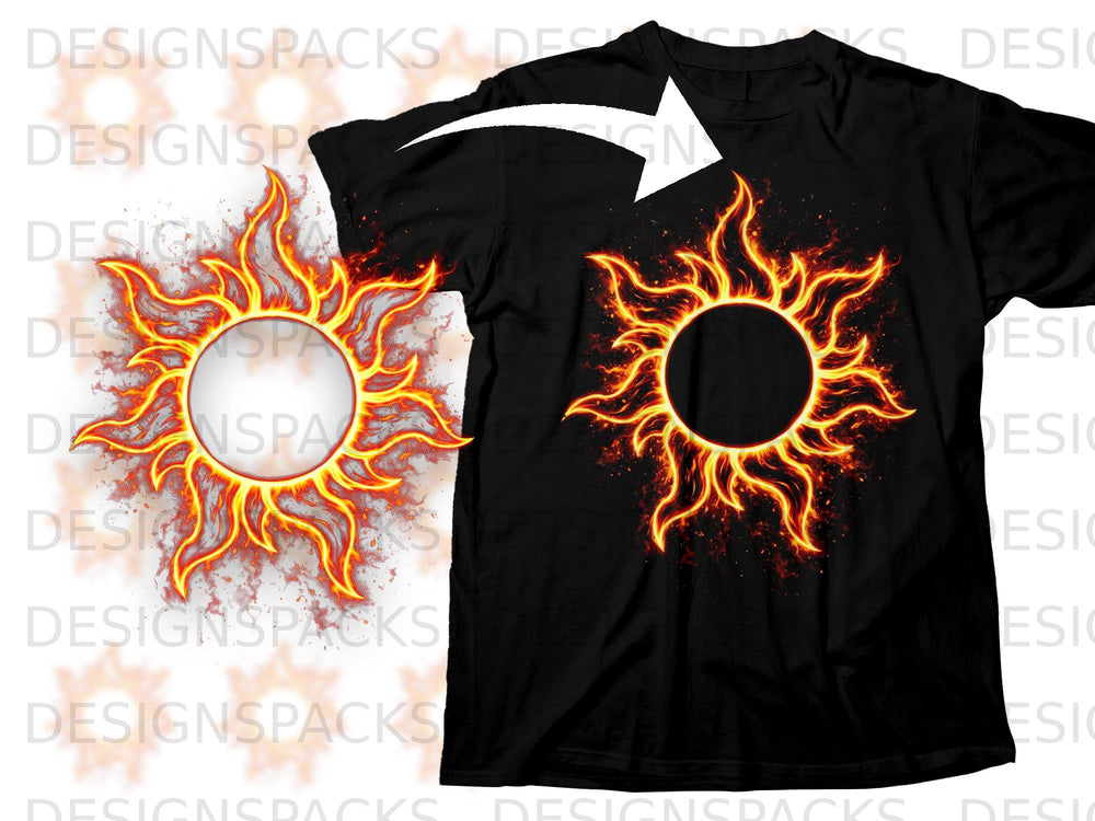 Black t-shirt with a fiery sun graphic across the chest.