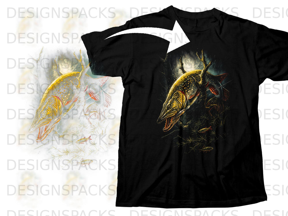 Black t-shirt with a graphic of a pike and smaller fish underwater.