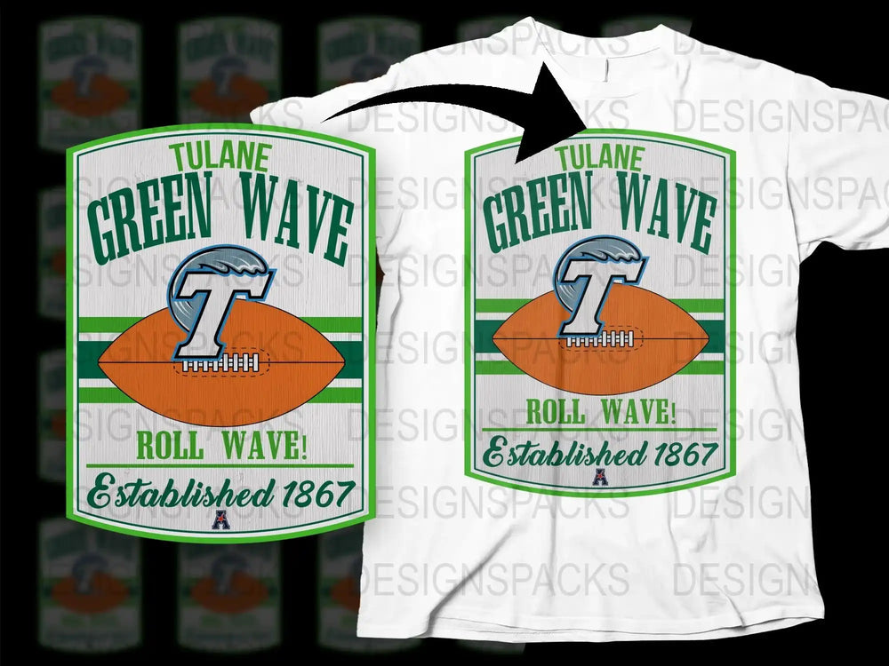 Tulane Green Wave Graphic T-Shirt, Vintage College Football Design, Retro Style, Established 1867 Logo Tee