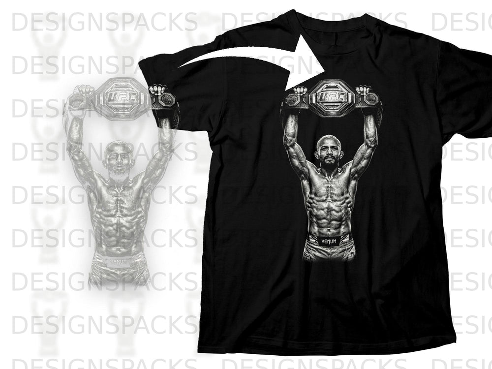 Black t-shirt with a detailed illustration of a muscular fighter holding a UFC championship belt.