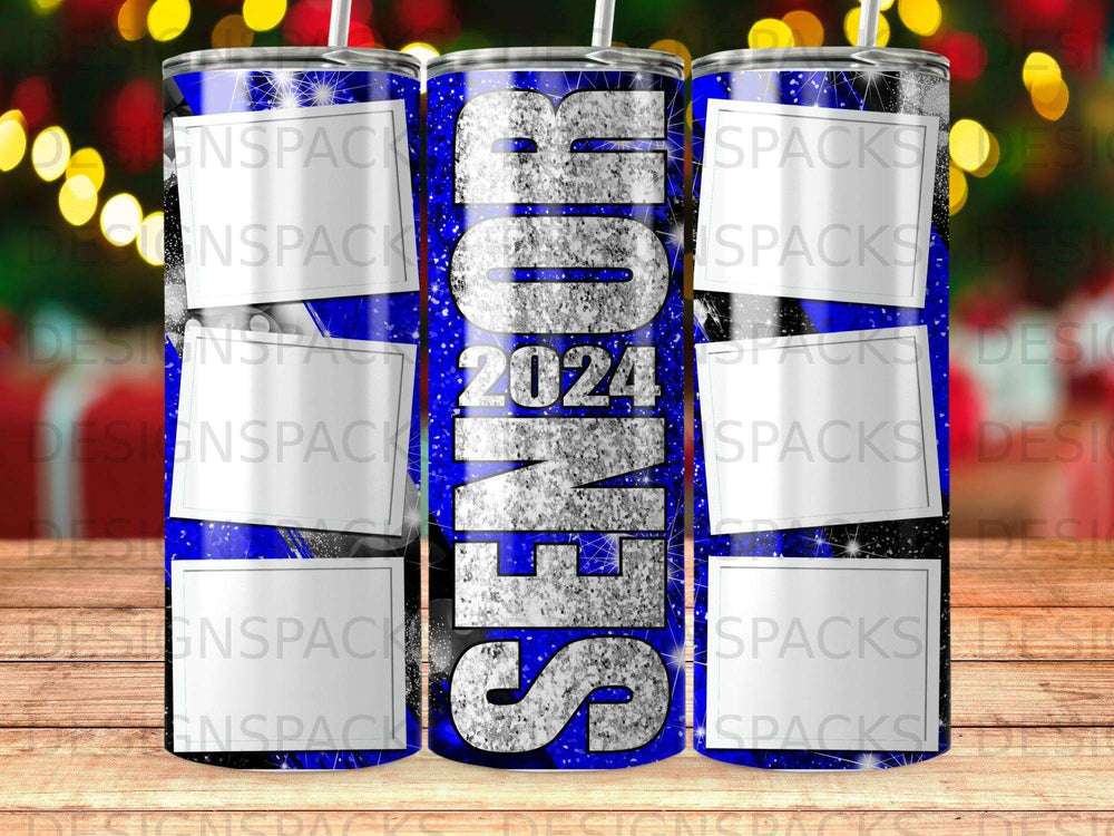 "Senior 2024" text on a blue glitter tumbler with white squares.
