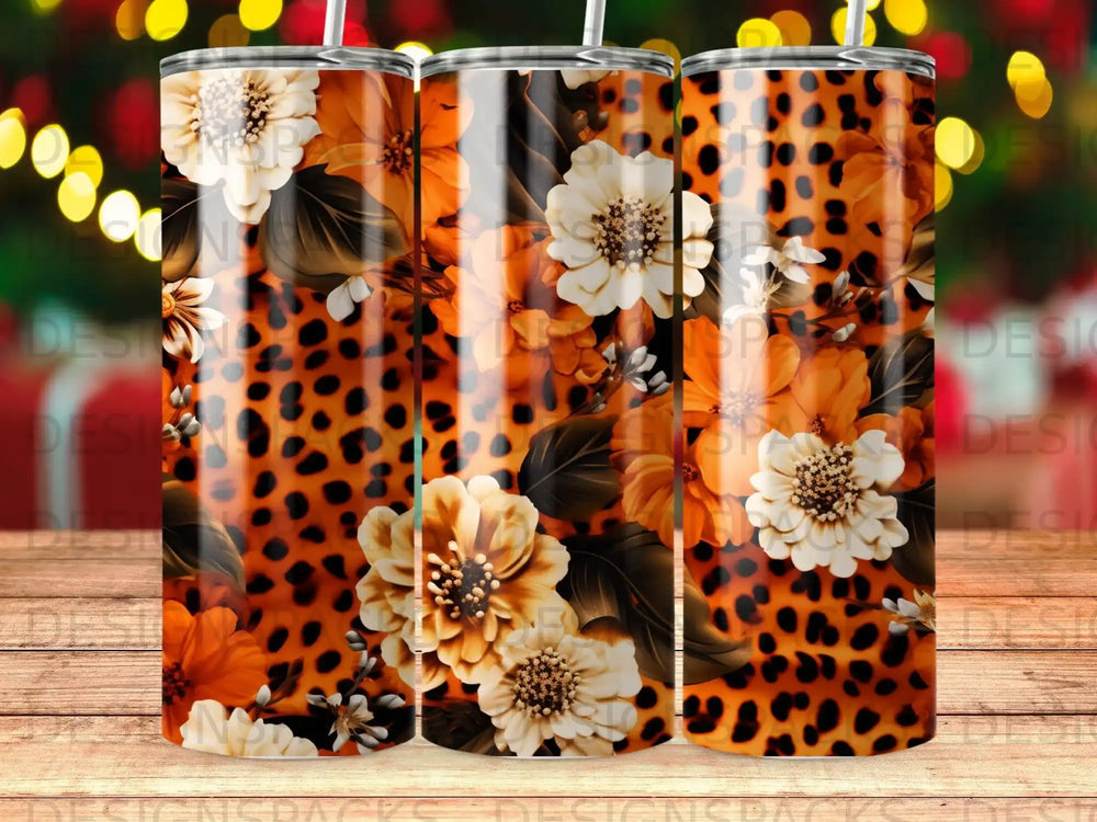Orange floral and leopard print tumbler with straw.