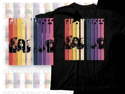 Guns N' Roses band members silhouette with colorful vertical stripes.