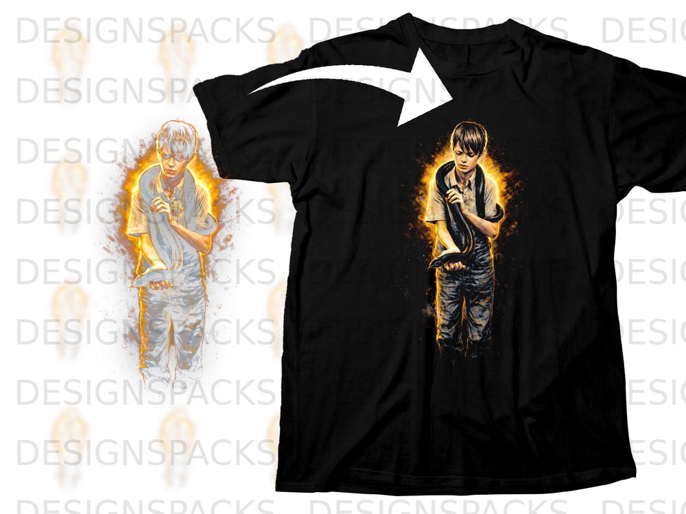 Black t-shirt with graphic of a young person holding a snake, surrounded by flames.