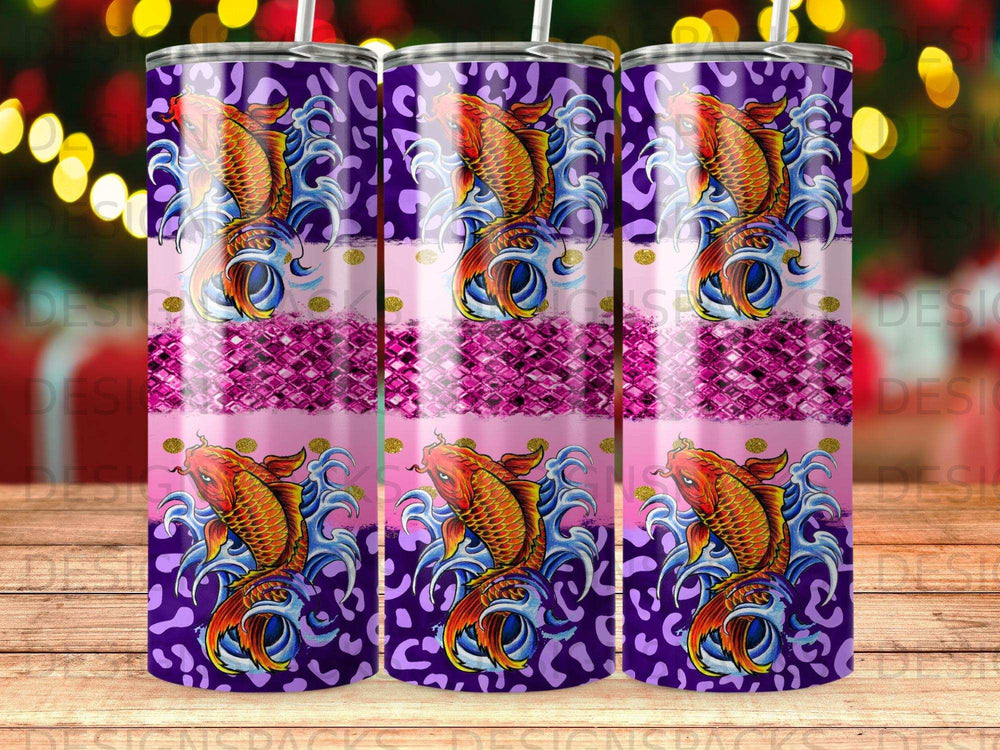 Seamless pattern of orange koi fish swimming through blue waves and pink glitter stripes.