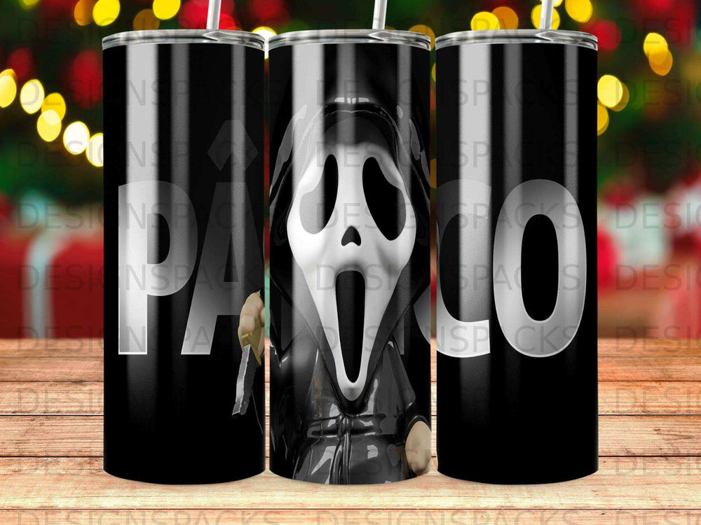 Black tumbler featuring Ghostface mask and "Packs" text.