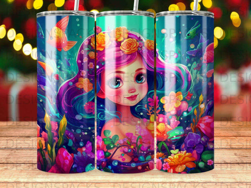 Mermaid with colorful hair and flowers surrounded by underwater plants and fish.