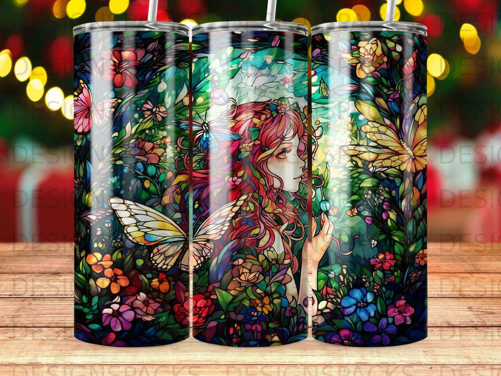 Stained glass tumbler featuring a woman with colorful hair and butterflies.