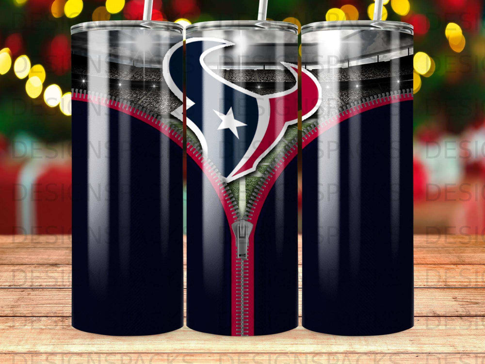 Houston Texans logo on a zipper design on a dark blue tumbler.