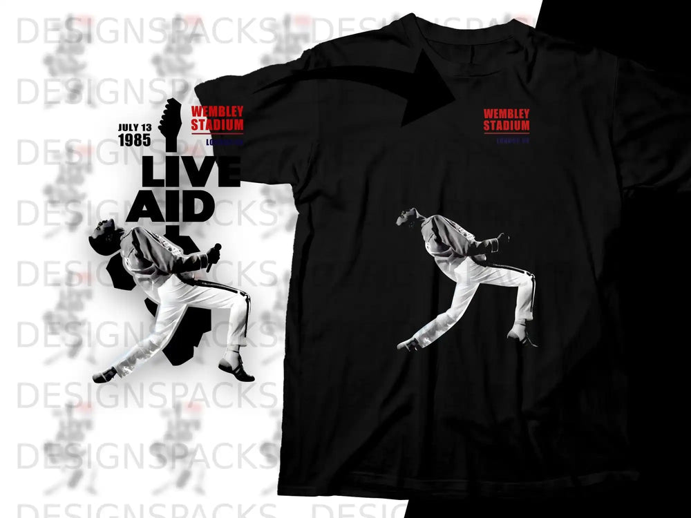 Black t-shirt with Live Aid Wembley Stadium 1985 graphic featuring Freddie Mercury.
