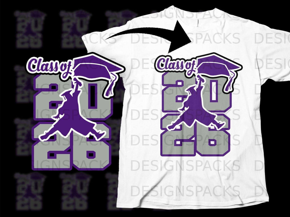 "Class of 2026" graphic with graduation cap and silhouette on a white t-shirt.