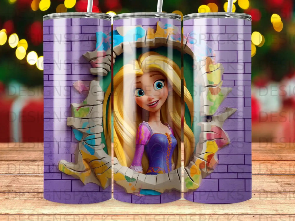 Rapunzel in a colorful frame against a purple brick wall.