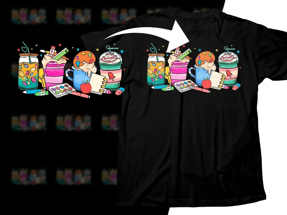 Colorful school-themed drink design on black t-shirt, perfect for DTF/DTG printing with instant PNG download.