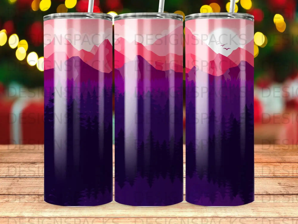 Three tumblers with a purple mountain sunset design.