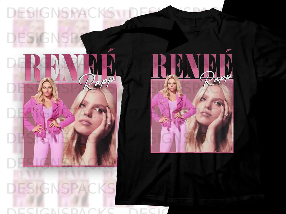 Renee Rapp posing in a pink jacket and top, with text overlay.