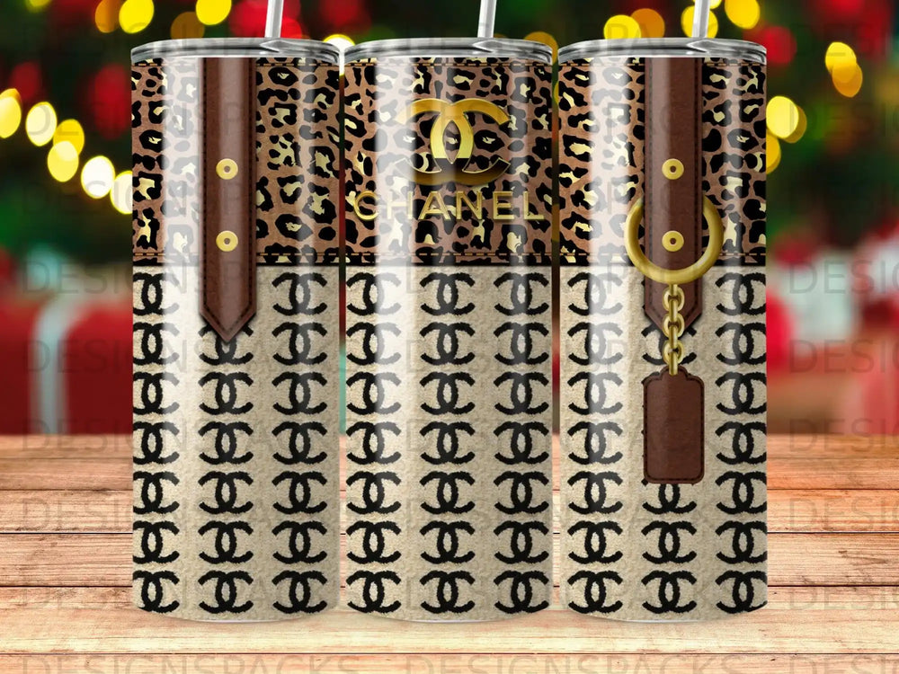 Chanel logo tumbler with leopard print and gold accents.