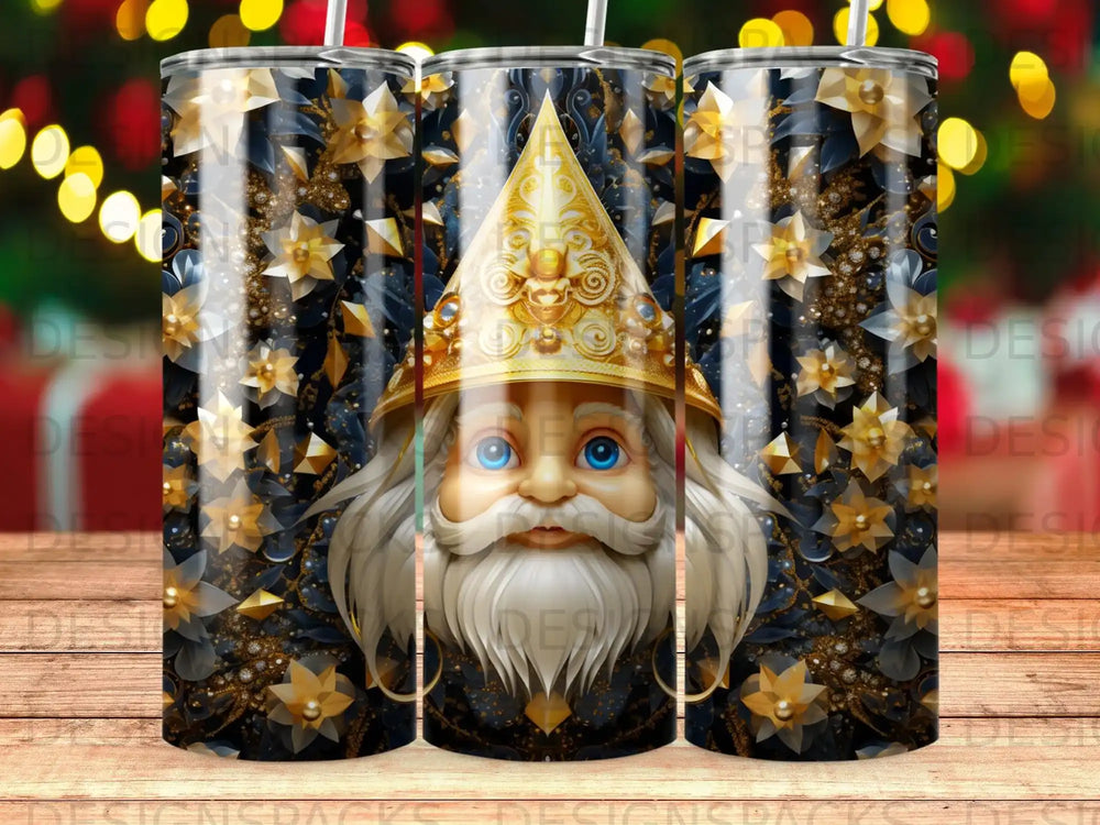 Santa Claus face with gold and blue ornate background.