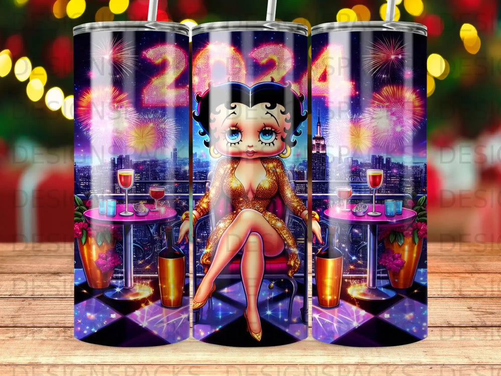 Betty Boop in gold dress sits at table with champagne, 2024 fireworks background.