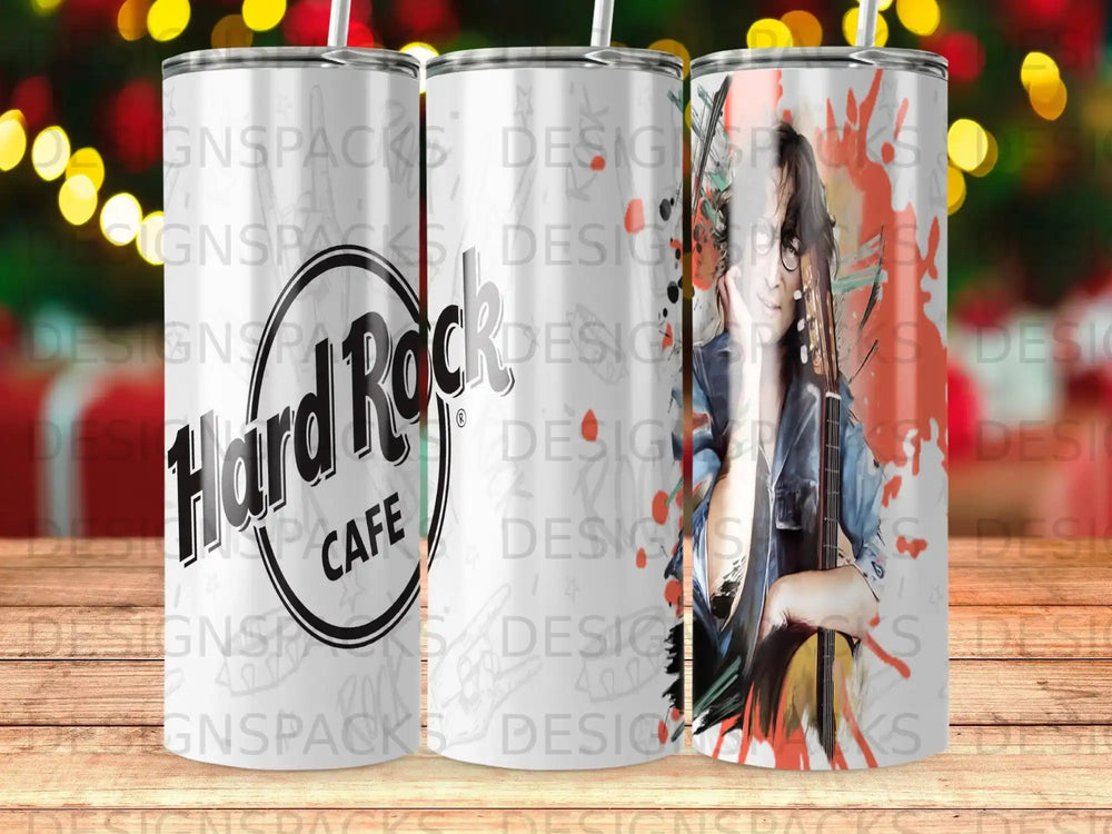 Hard Rock Cafe tumbler with a portrait of a musician.