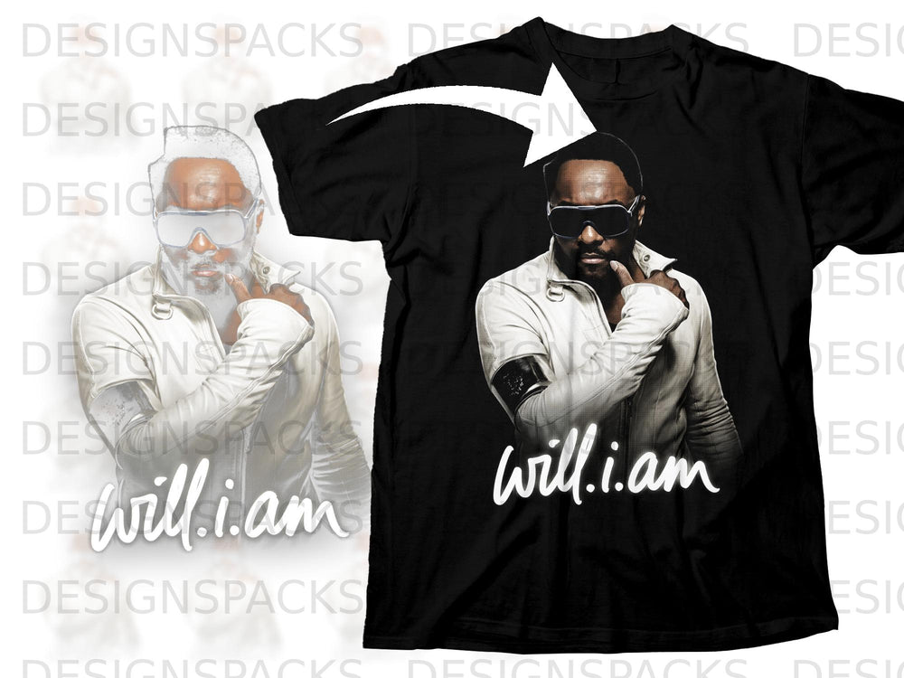 Black t-shirt featuring Will.i.am graphic and signature text.